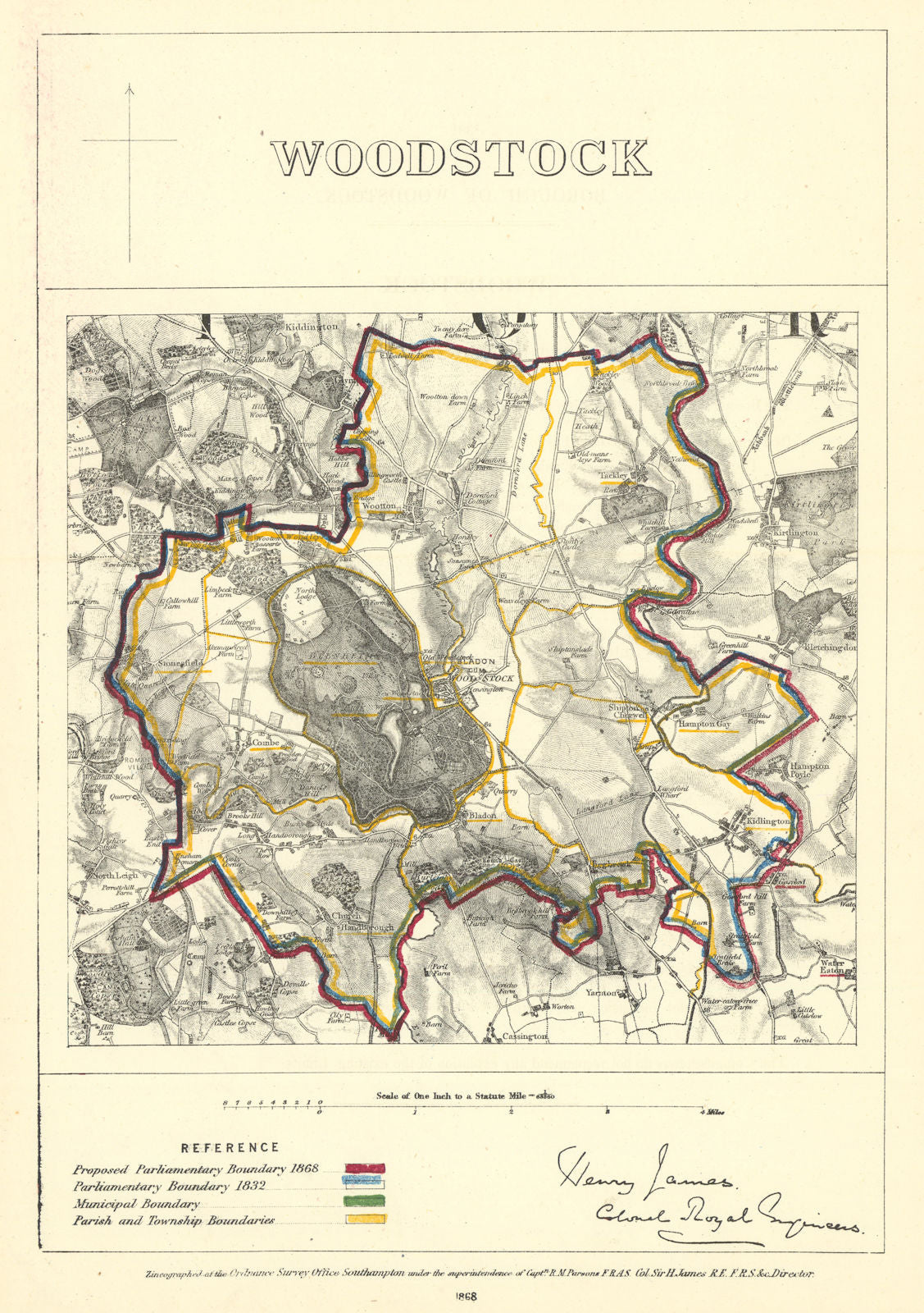 Woodstock, Oxfordshire. JAMES. Parliamentary Boundary Commission 1868 old map